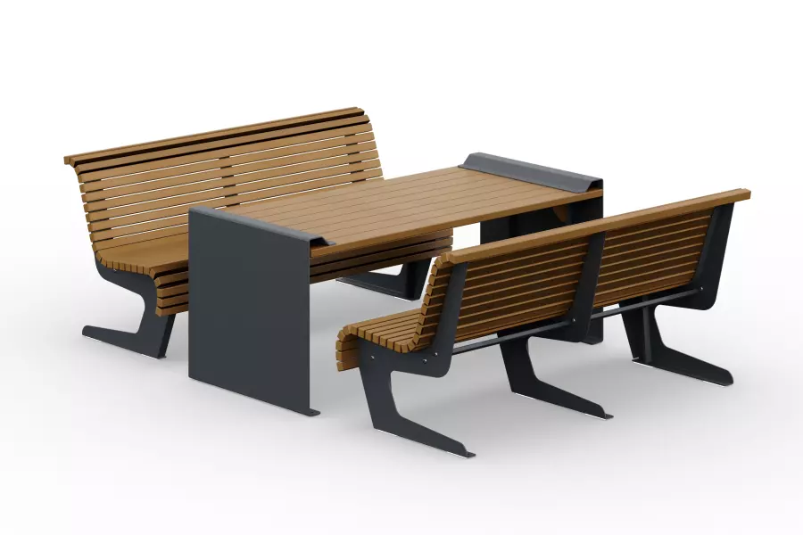 Стол с двумя скамьями со спинками на металлическом основании