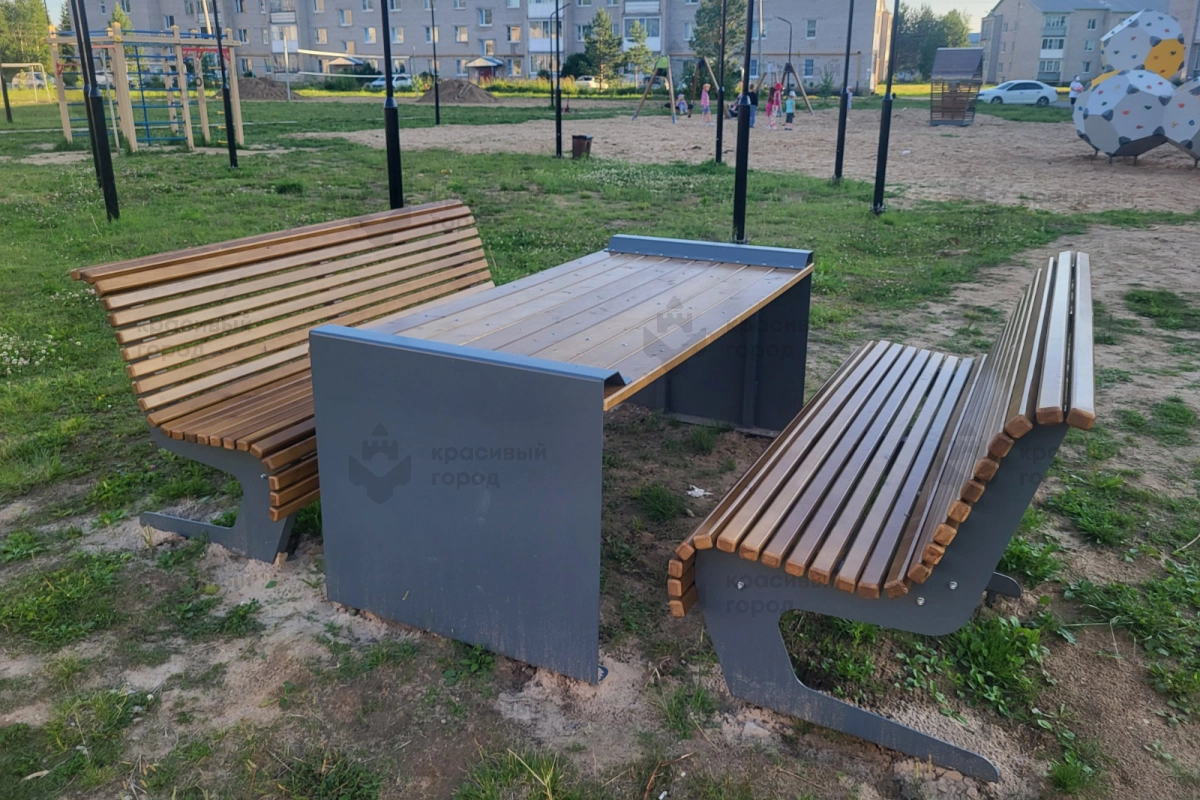 Стол с двумя скамьями со спинками на металлическом основании - фото 5